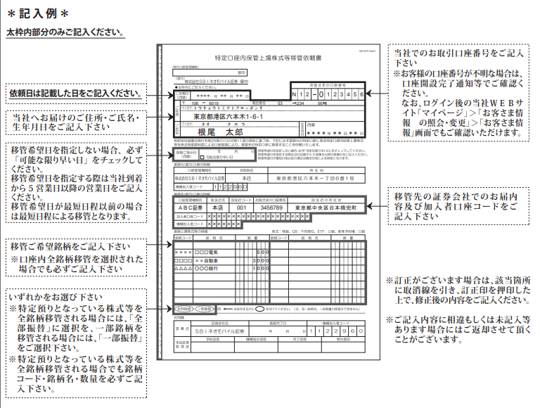 特定口座内保管上場株式等移管依頼書の記入例